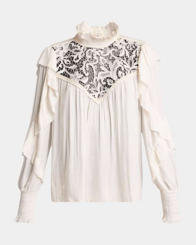 Seila Lace Ruffle Long-Sleeve Blouse